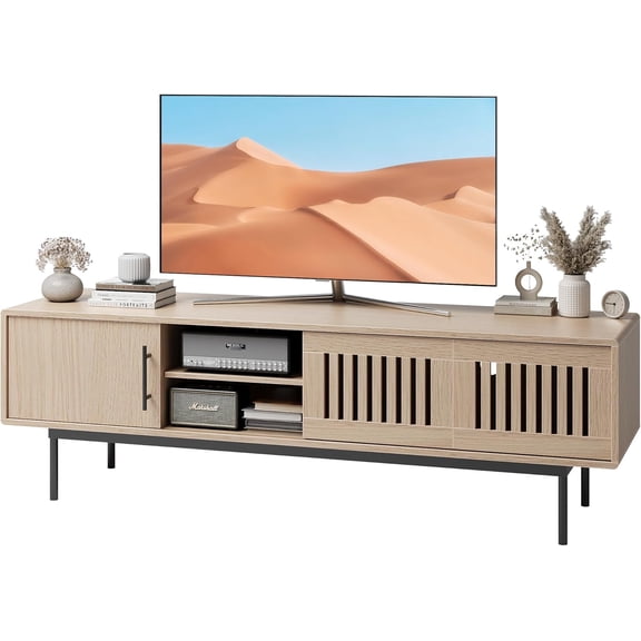 Claiks Mid Century Modern TV Stand for TV up to 70 inch, Entertainment Center with Sliding Barn Doors & Adjustable Shelve, Retro Low Profile Media Console TV Table for Living Room, Natural Oak