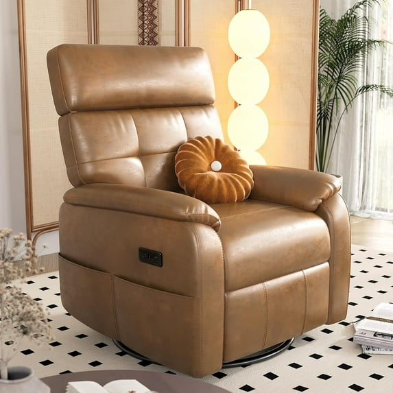 Claiks Power Swivel Rocker Recliner Chair, Oversized Recliner Chairs for Adults, PU Leather Overstuffed Reclining Chair with USB and Type-C Ports for Living Room, Brown