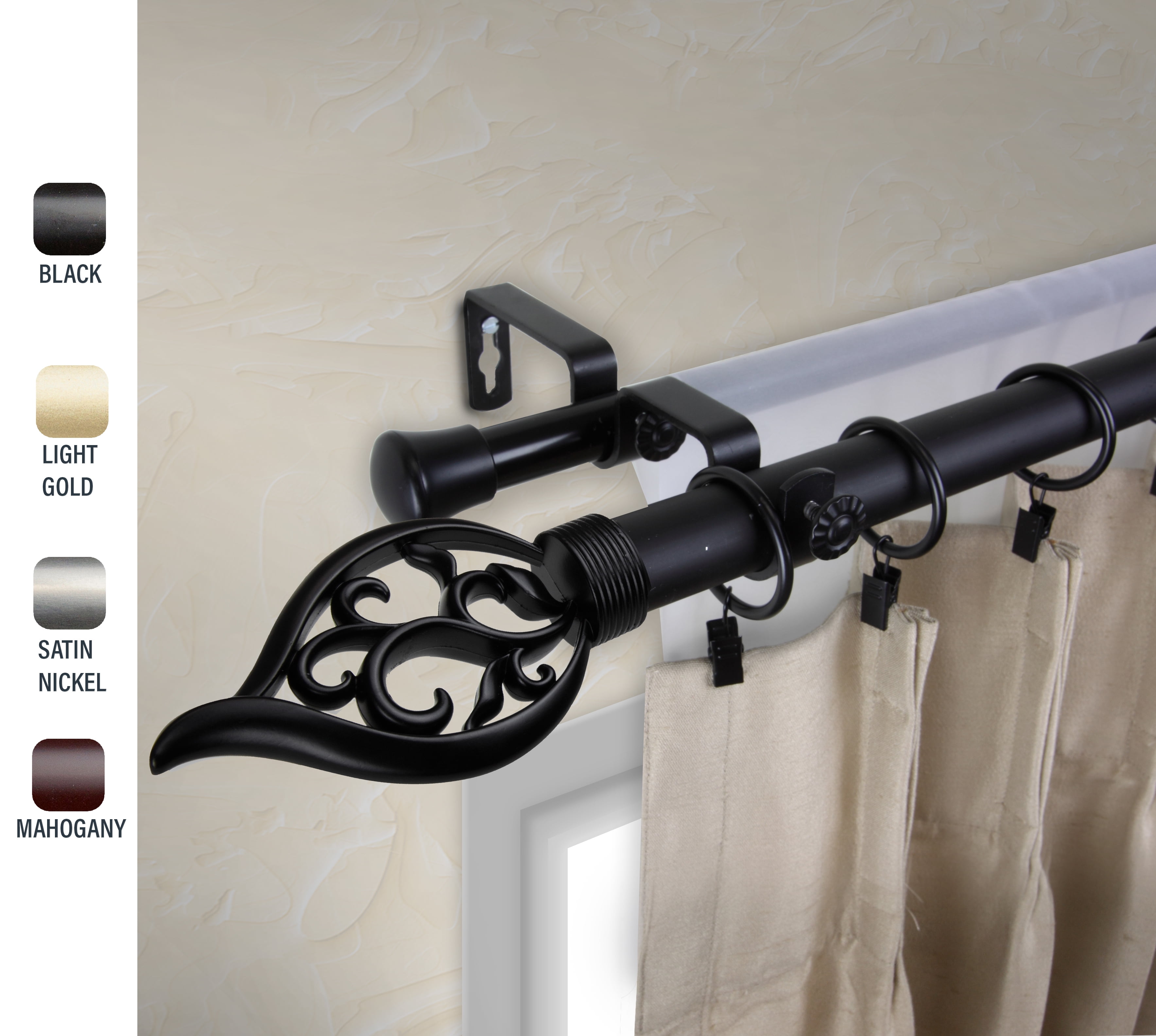 Clair 1" dia. Double Curtain Rod 160-240 inches - Black