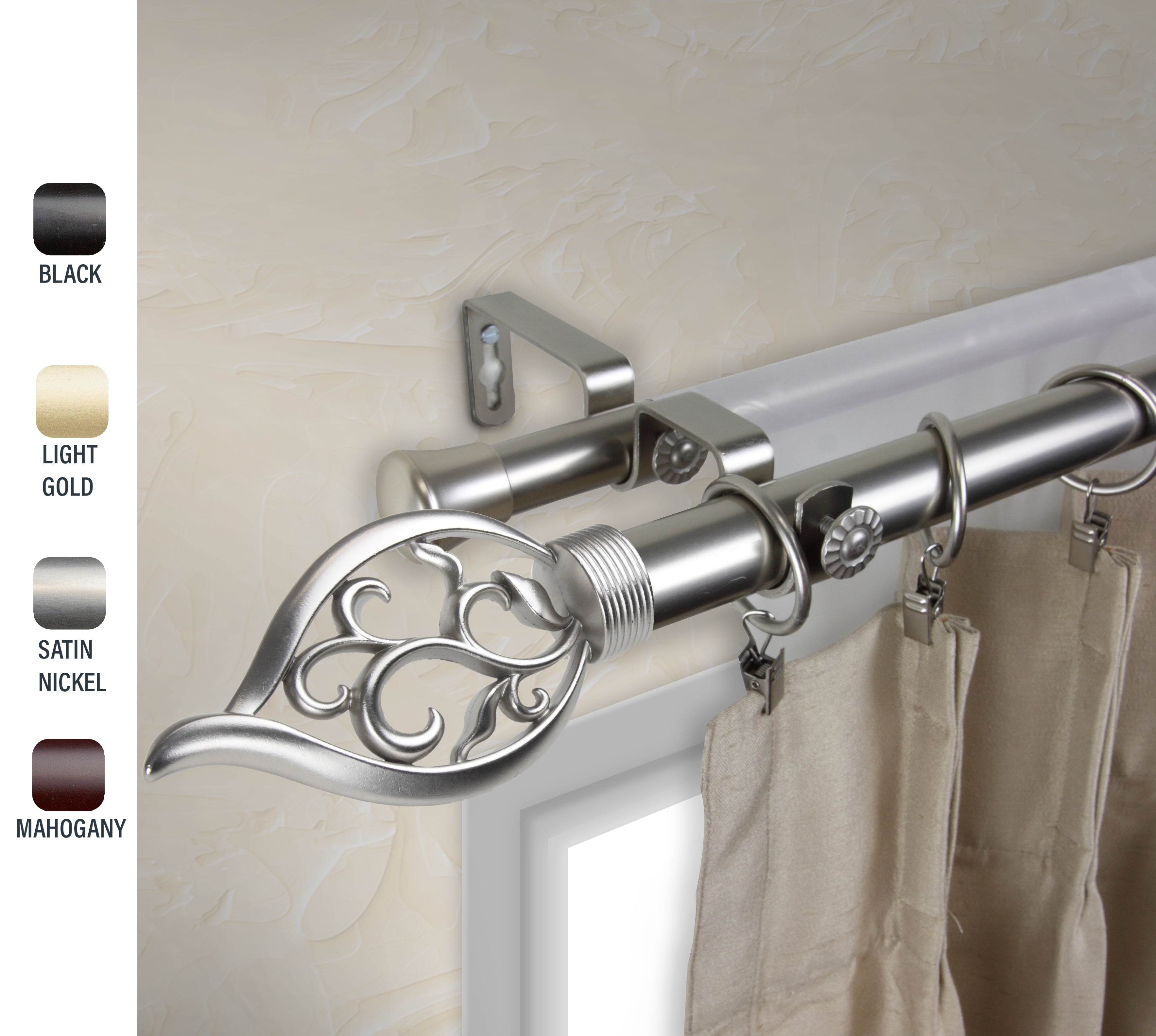Clair 1" dia. Double Curtain Rod 160-240 inches - Satin Nickel