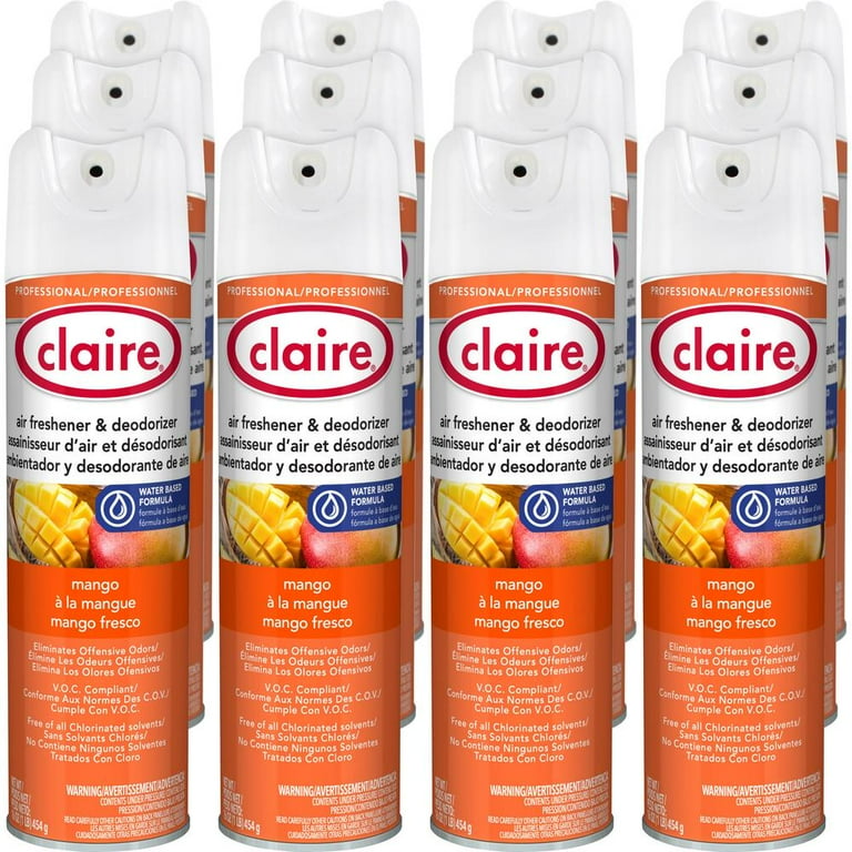 Claire Water-Based Air Freshener - Spray - 16 oz - Mango - 12 / Dozen - Residue-free, Non-staining, Ozone-safe, Odor Neutralizer, Recyclable Claire Water-Based Air Freshener - Spray - 16 oz - Mango - 12 / Dozen - Residue-free, Non-staining, Ozone-safe, Odor Neutralizer, Recyclable