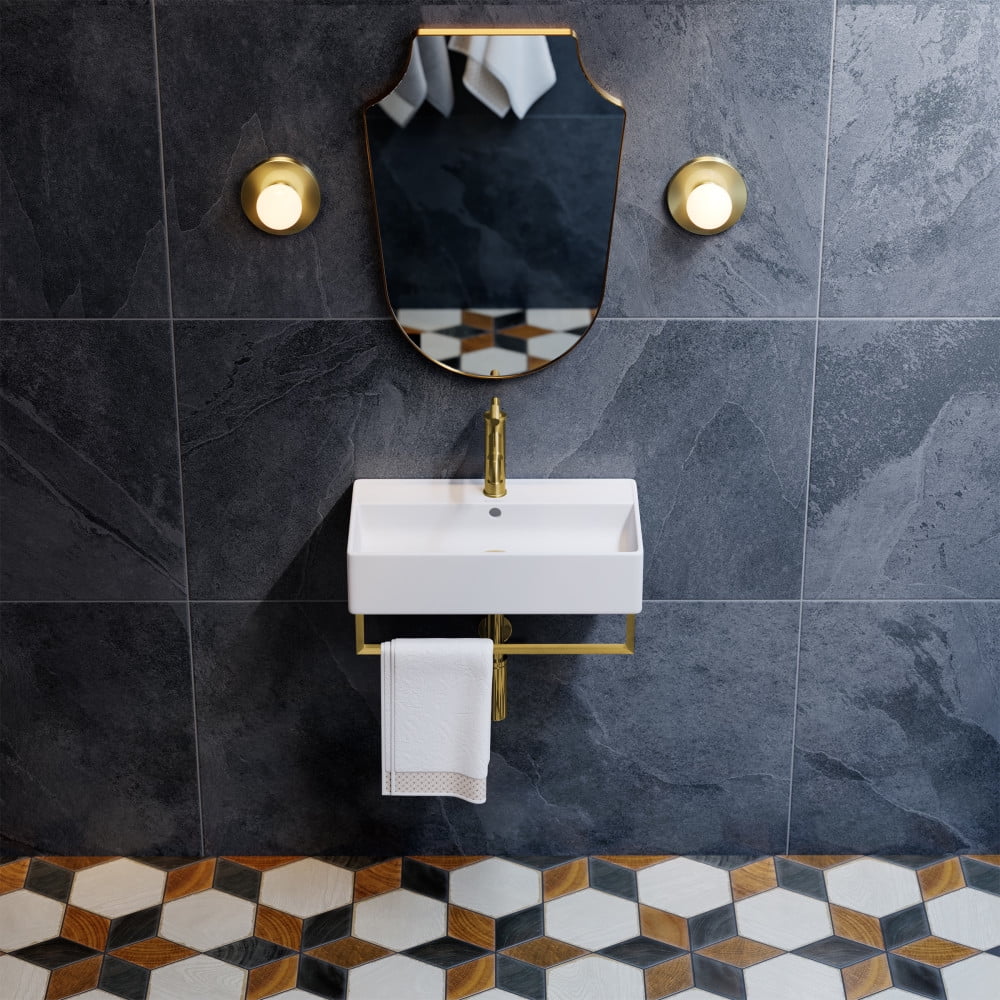 Claire 22" Wall-Mount Bathroom Sink with Brushed Gold Towel Bar