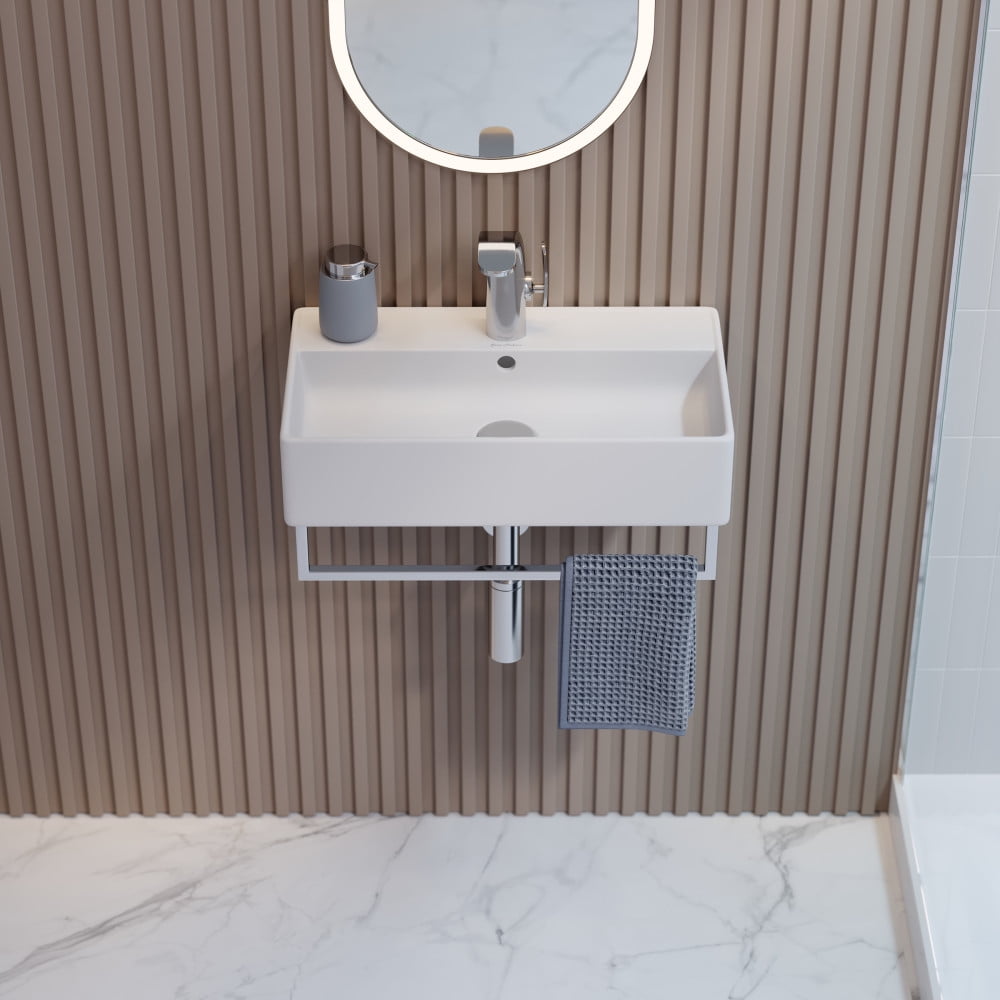 Claire 22" White Ceramic Wall-Mount Vessel Sink with Chrome Towel Bar