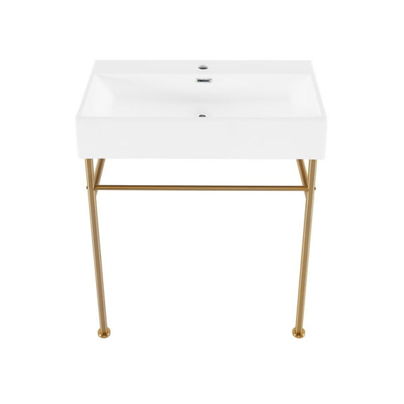 Claire 30 Ceramic Console Sink White Basin Brushed Gold Legs
