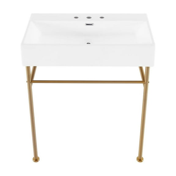 Claire 30" Console Sink White Basin Brushed Gold Legs with 8" Widespread Holes