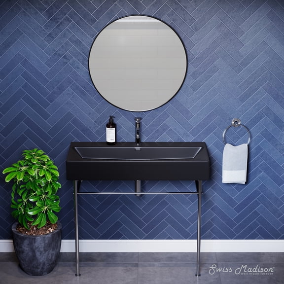 Claire 40 Ceramic Console Sink Matte Black Basin Chrome Legs