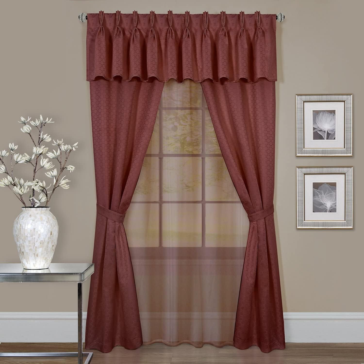 Marsala Pinch Pleat Geometric Curtain Set with Valance