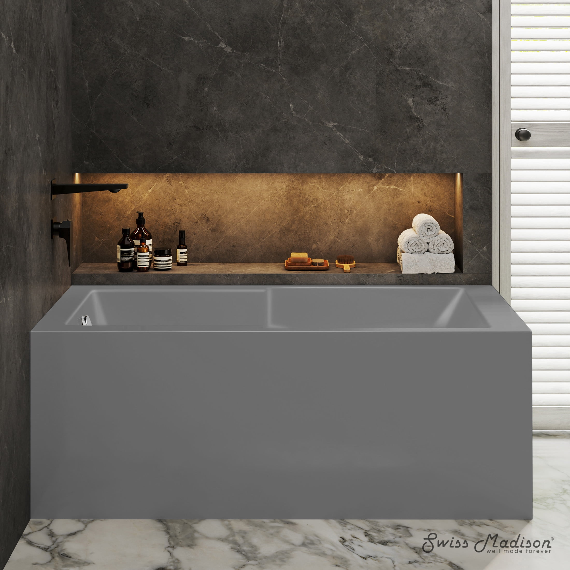 Claire 60 x 32 Left Drain Soaking Alcove Corner Apron Bathtub in Matte Gray