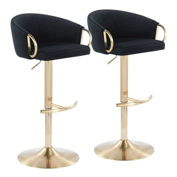Claire Contemporary Glam Adjustable Bar Stool In Gold Metal And Black Velvet - Set Of 2