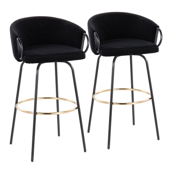 Claire Contemporary Glam Barstool In Black Metal And Black Velvet With Gold Metal Footrest - Set Of 2