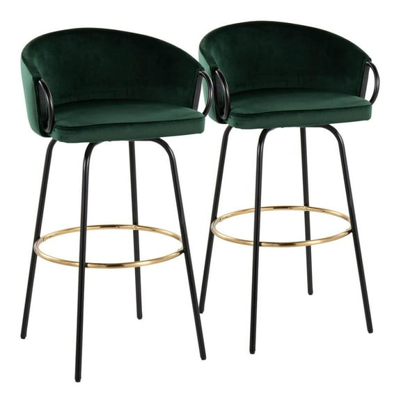 Claire Contemporary Glam Barstool In Black Metal And Emerald Green Velvet With Gold Metal Footrest - Set Of 2