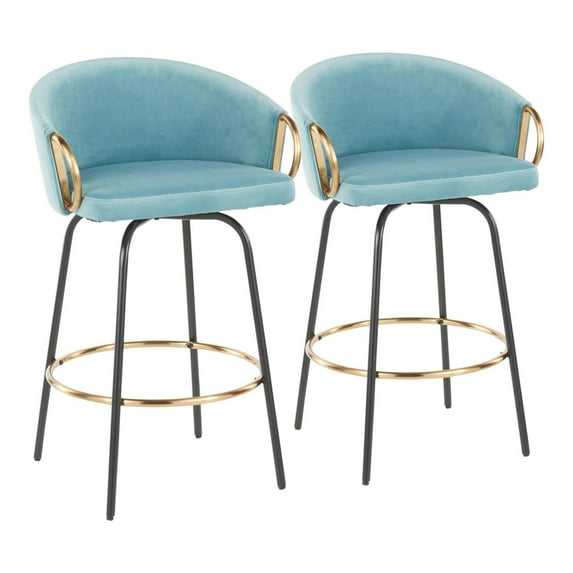 Claire Contemporary Glam Counter Stool In Black Metal And Light Blue Velvet With Gold Metal Accent - Set Of 2