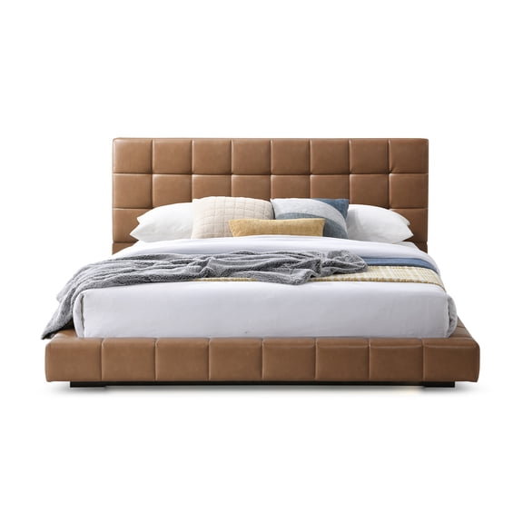 Claire Vegan Leather Upholstered Platform Queen Bed in Tan
