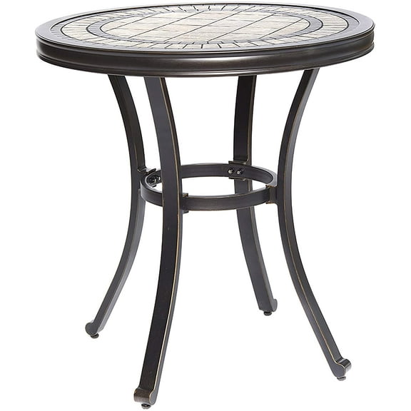 Claire and Barry ALSACE 28” Round Tile Bistro Table, Sophisticated tile-top design, Aluminum frame, All-weather protection, Dark gold