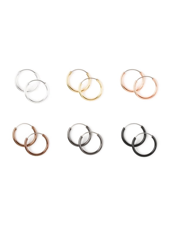 6 Piece Metal Color Hoop Earrings Set; Gold, Rose Gold, Silver, Bronze, Pewter, and Black