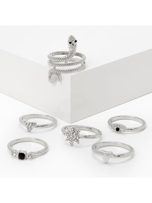 6 Piece Silver Rings Set Fits Size Small/Medium Snake and Msytic Stars