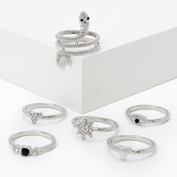 Claire's 6 Piece Silver Rings Set Fits Size Small/Medium Snake and Msytic Stars