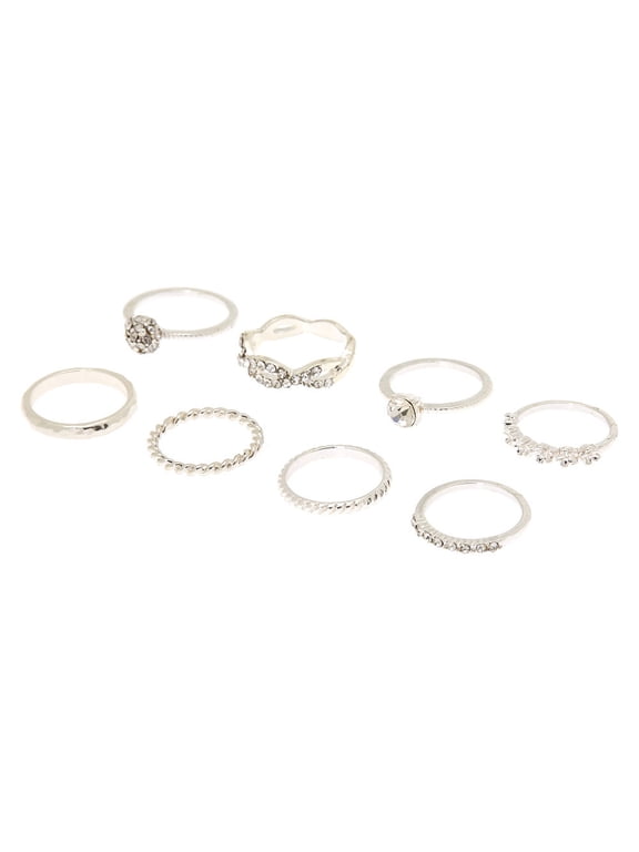 8 Piece Silver Metal Ring Set Small/Medium Female, Teen