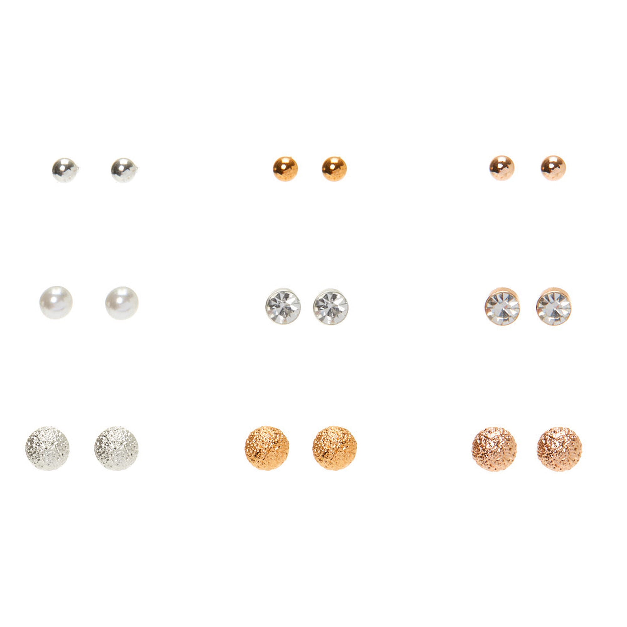 Claire's 9 Piece Gold and Silver Metal Earring Studs, Slick Metal, Pearls, Rhinestone Studs, Textured Balls