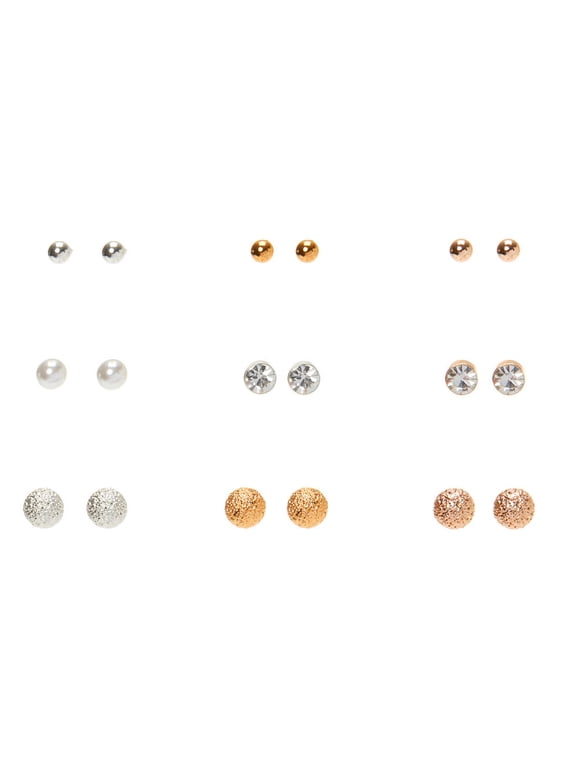 9 Piece Gold and Silver Metal Earring Studs, Slick Metal, Pearls, Rhinestone Studs, Textured Balls