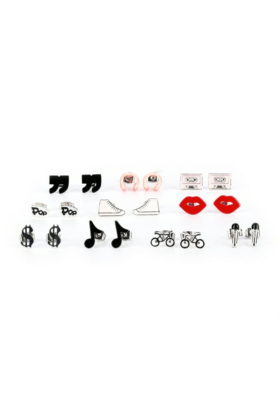 90's Motif Inspired Stud Earrings Set, Post Back, 10-Pack