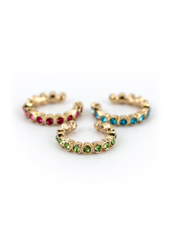 Adult Female Gold Embellished Hoop Faux Nose Rings, Color Cubic Zirconia Stainless Steel, 3 Pack