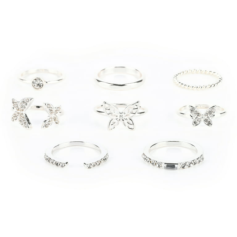 Silver Thick & Diamante Ring 8-Pack in 2023