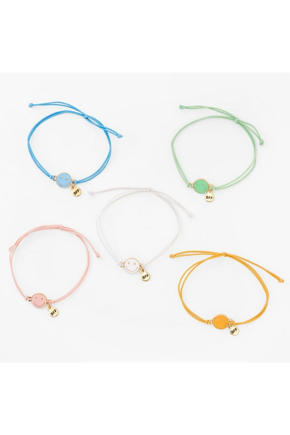 Best Friends Happy Face Adjustable Bracelets, 5 Pack, Polyester Cord, Multicolor, 82507