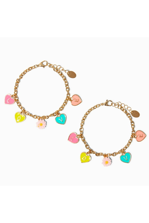 Best Friends Love Hearts Charm Bracelets, Gold-tone, Metal, 6" Extender, 2 Pack