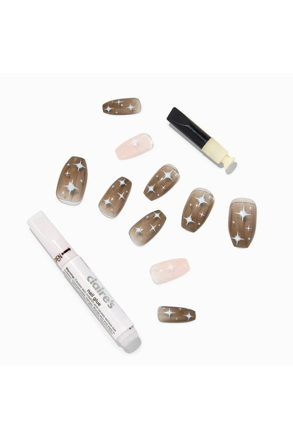 Black & Pink Star Jelly Coffin Vegan Faux Nail Set, 24 Pieces