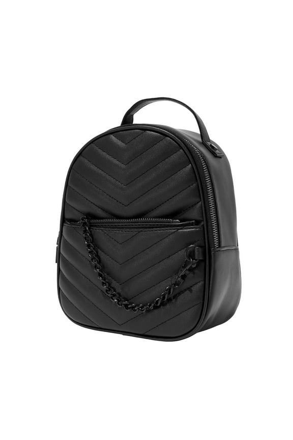Black Quilted Mini Backpack with Black Chain, Adjustable Straps