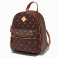 thumbnail image 1 of Claire's Brown Status Backpack with Love and Heart Icons, Zip Pocket Front, Adjustable Strap, Zipper Closure, Measures 8" W x 10" H x 4" D, 1 of 4