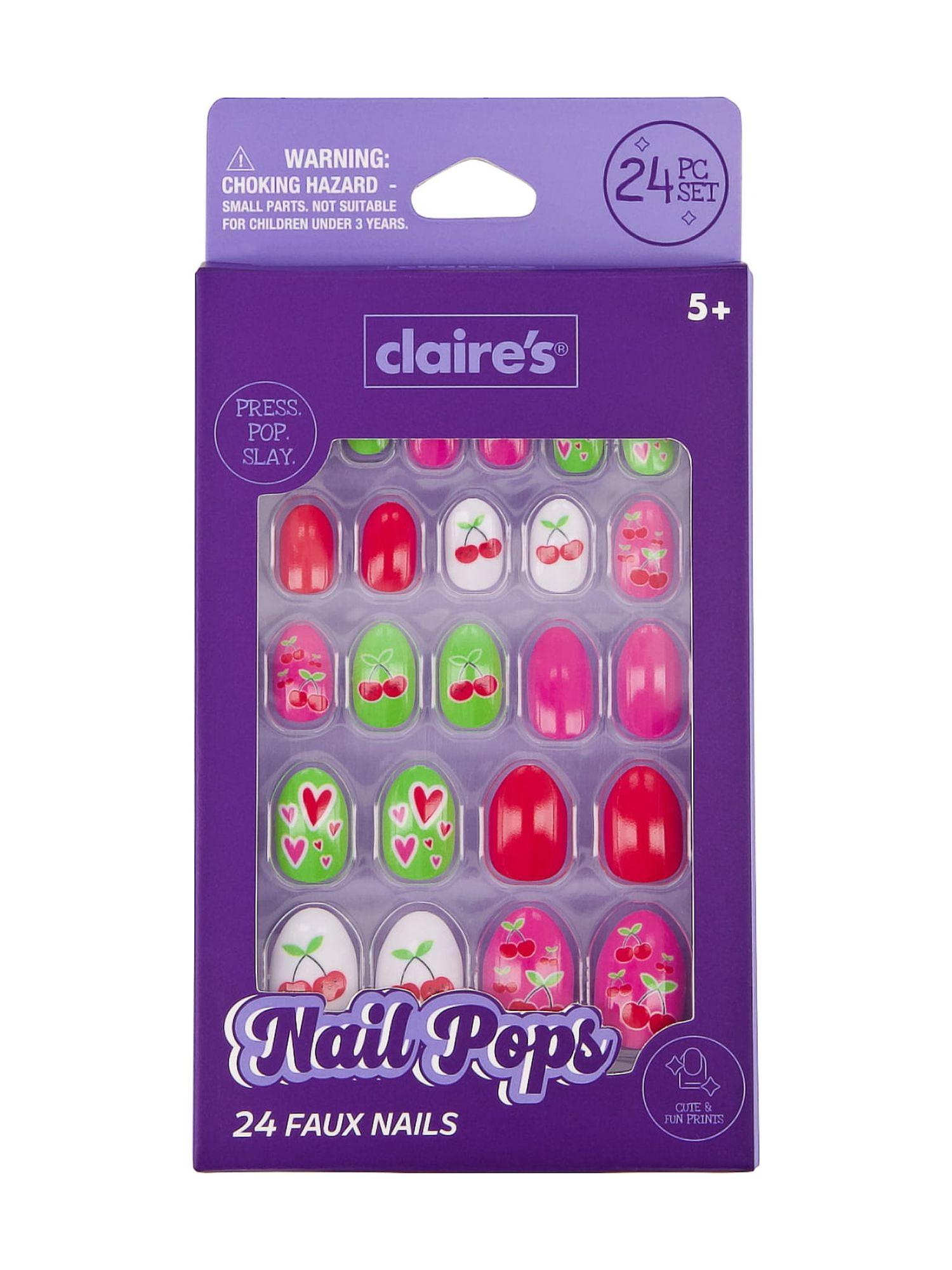 Claire's Cherry Heart Print Oval Shaped Press-on Nails, 24 Nails