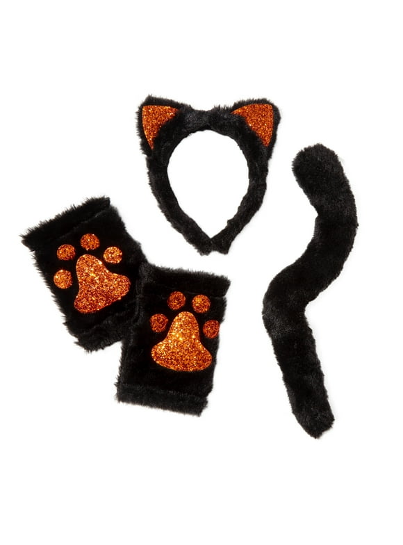 Classic Faux Fur Cat Dress Up Set with Tail, Wrist Cuffs, and Headband, Orange Glitter, 4-Pieces