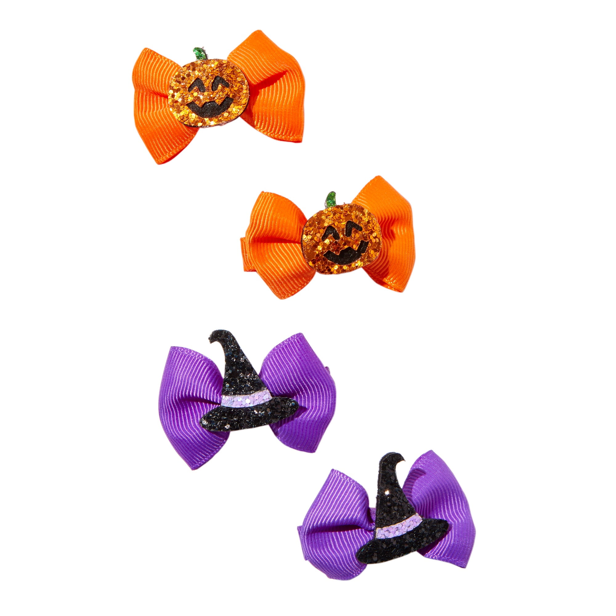 Claire's Classic Halloween Orange Pumpkin and Purple Witch Glitter Hairbows, 4-Pack
