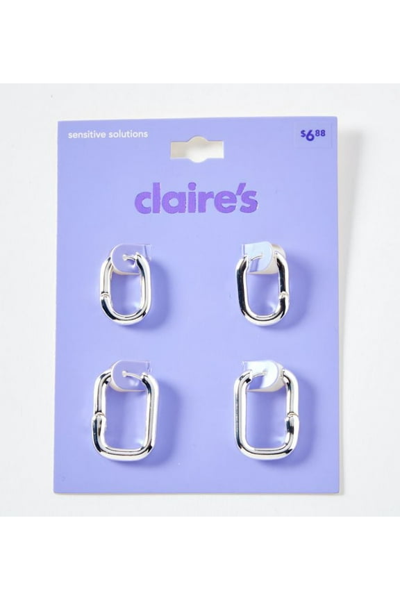 Teen Girls Classic Silver Square Hoop Earrings, 2-Pack, Sensitive Solutions