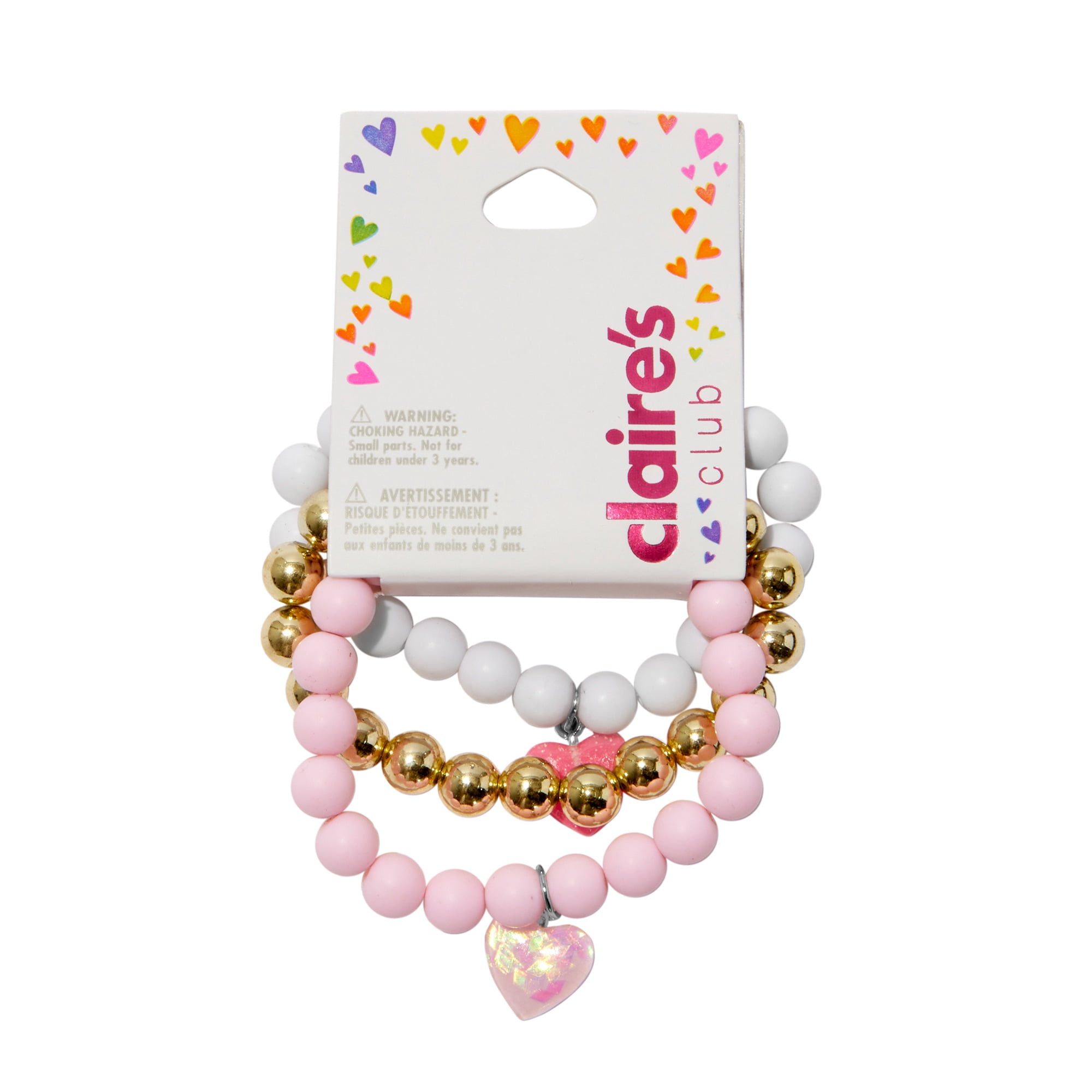 CLAIRE'S Club Pink, White, Gold Matte Beaded Bracelets, 3-Pack