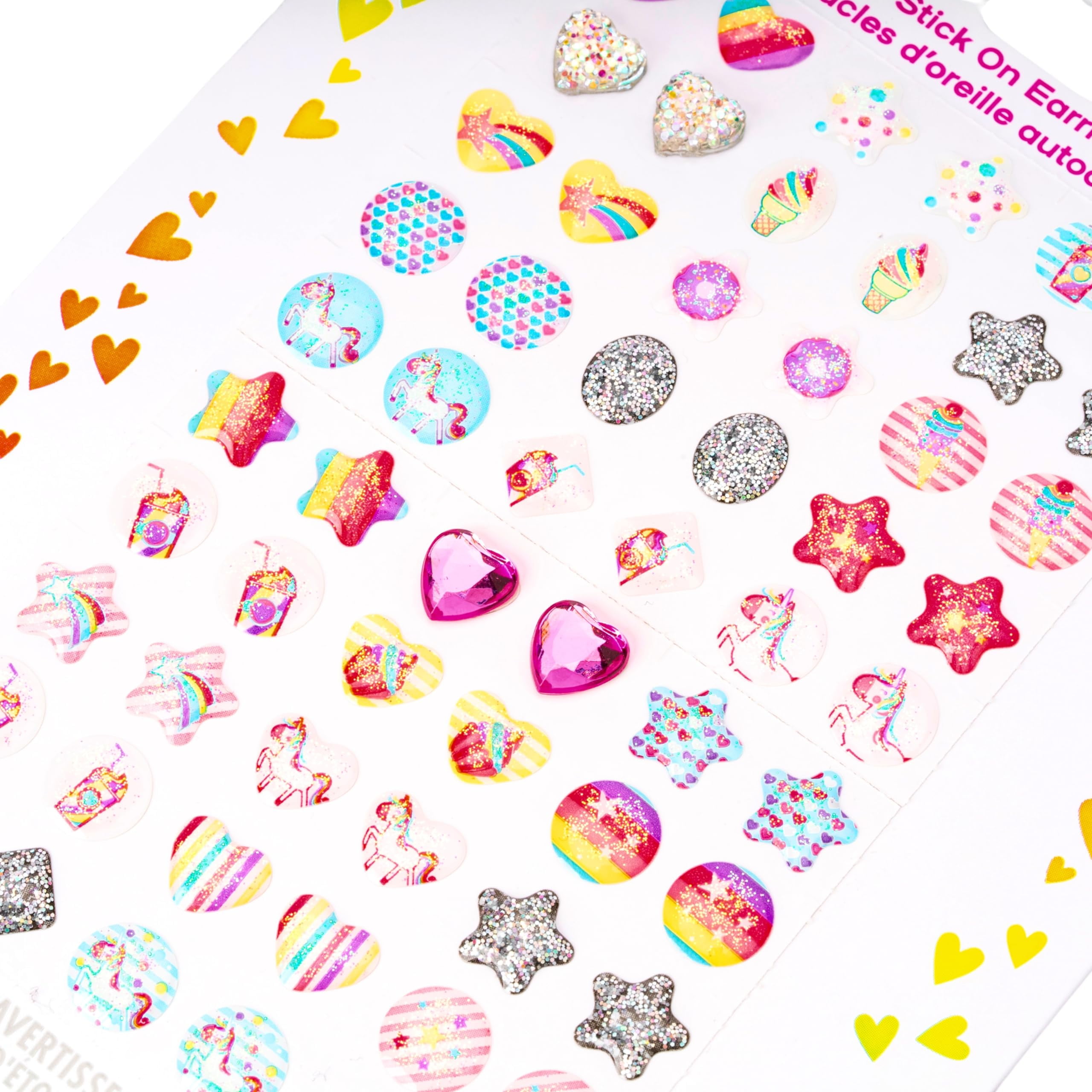 CLAIRE'S Claires Club Stick-On Earrings 30 Pairs of Colorful 3D Hearts, Stars, and Unicorn Stick-On Earrings for Girls Jewelry Set Perfect for Play Dress Up and Special Occasions