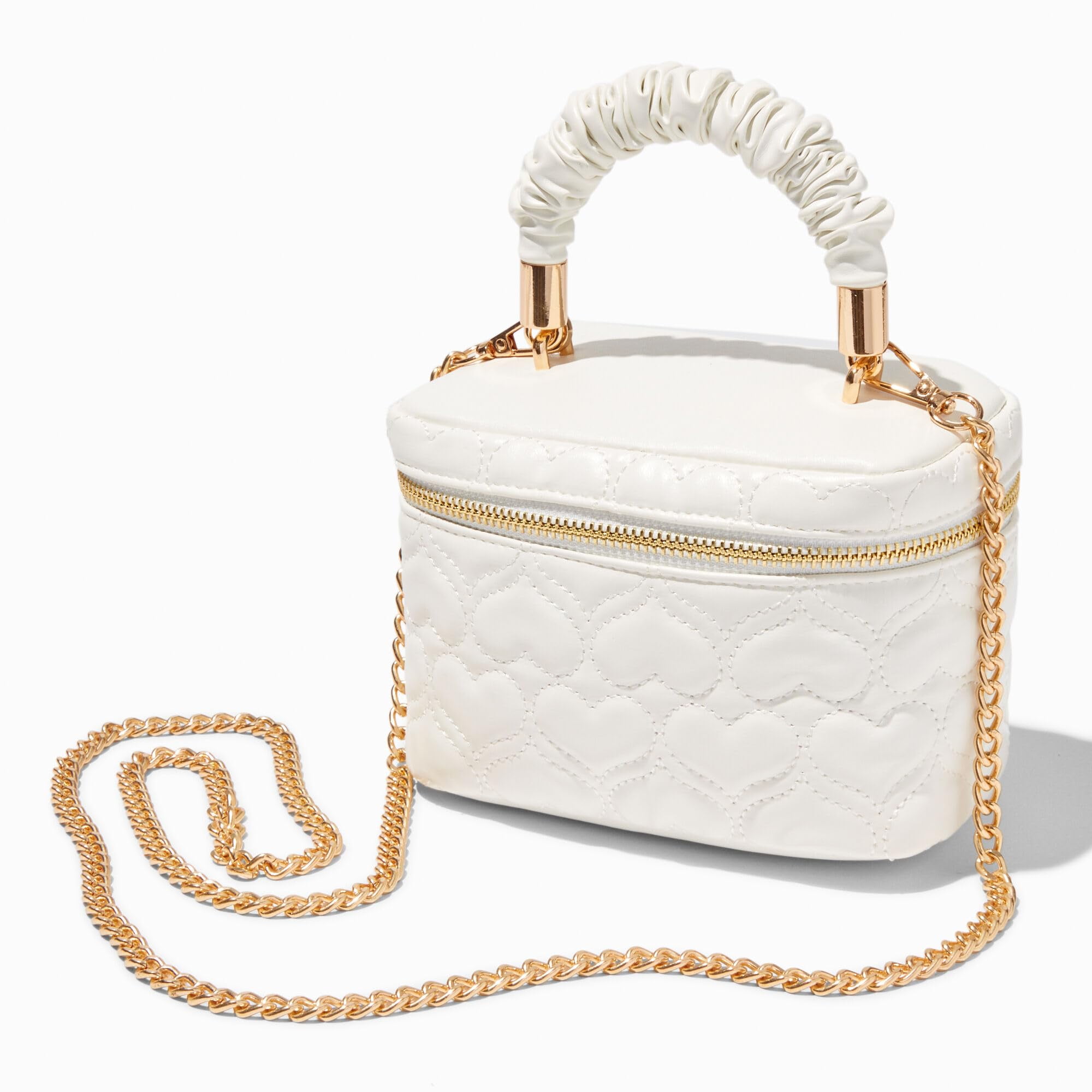 Claire's Cute White Quilted Heart Crossbody Purse for Women, Dual Strap with Removable Gold Purse Chain, Zipper Closure, 7" W x 5" H x 4" D