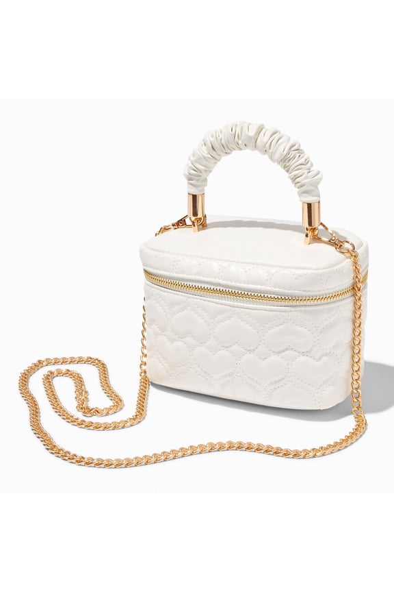 Cute White Quilted Heart Crossbody Purse for Women, Dual Strap with Removable Gold Purse Chain, Zipper Closure, 7" W x 5" H x 4" D