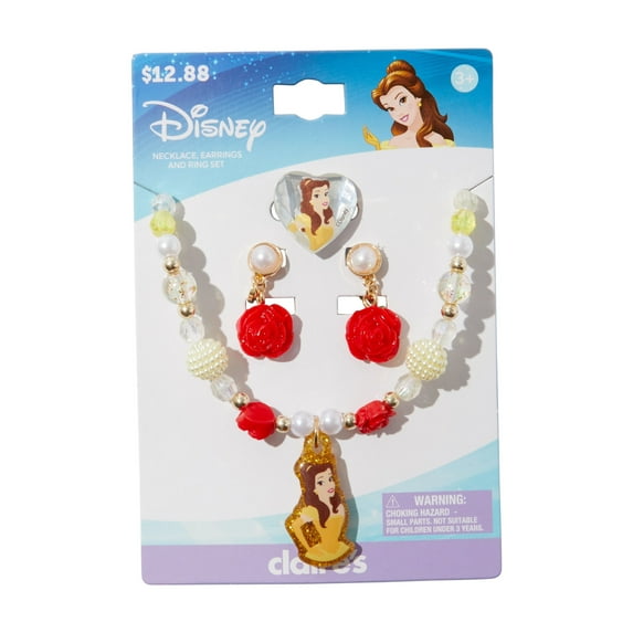 Claire's Disney Belle Jewelry Set with Rose Earrings, Necklace and Ring