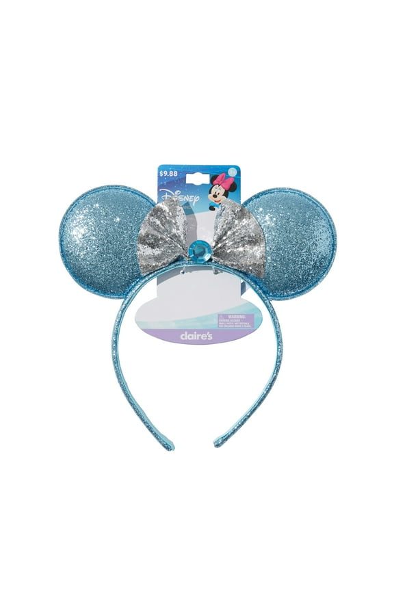 Disney Minnie Mouse Ear Headband Blue Sparkle Ears & Silver Bow