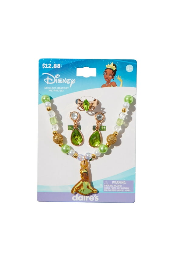 Disney Princess and the Frog Tiana Gemstone Ring, Pearl Necklace, and Gmestone Earring Jewelry Set