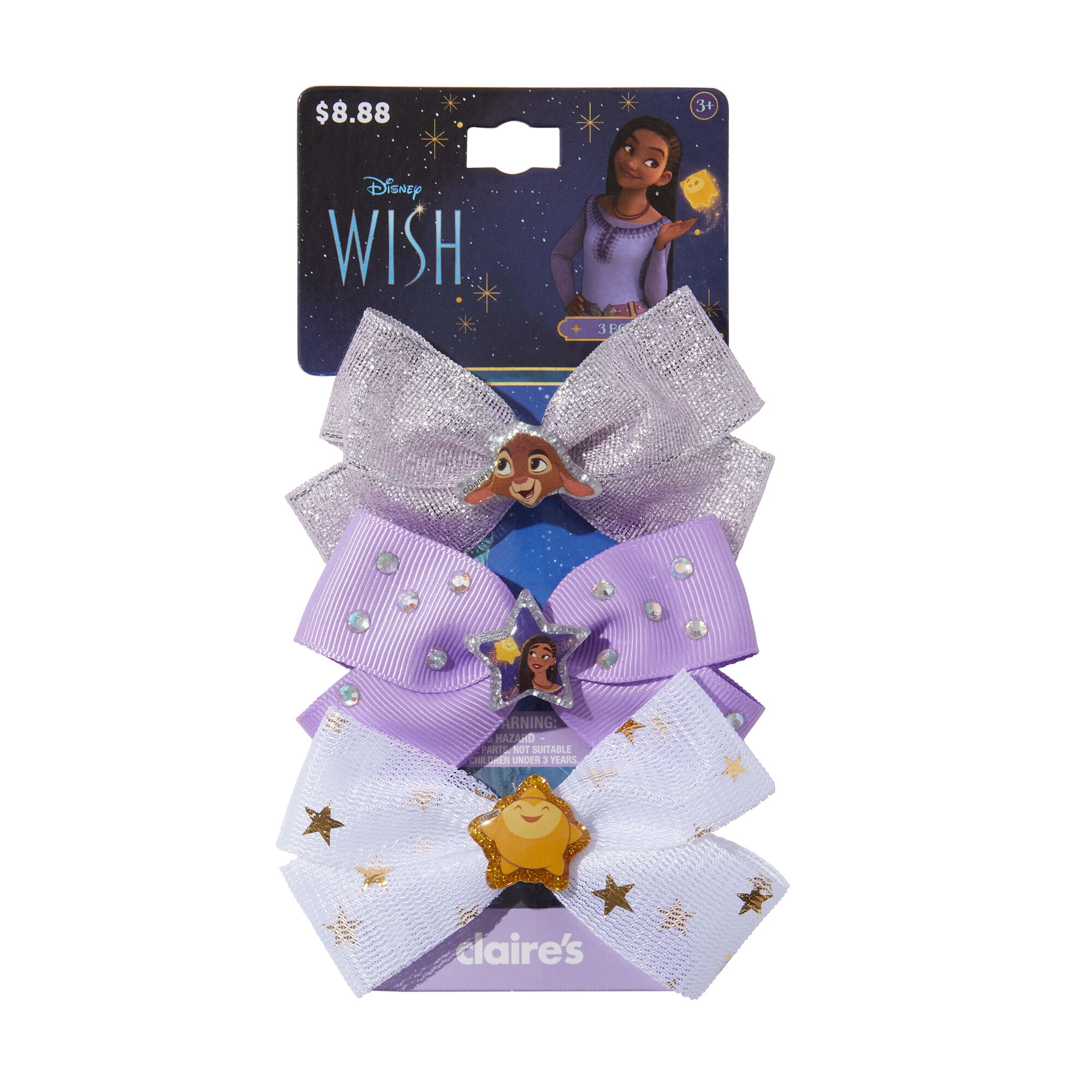 Claire's Disney Wish Glitter and Gemstone Hair Bows with Charms, 3Pack