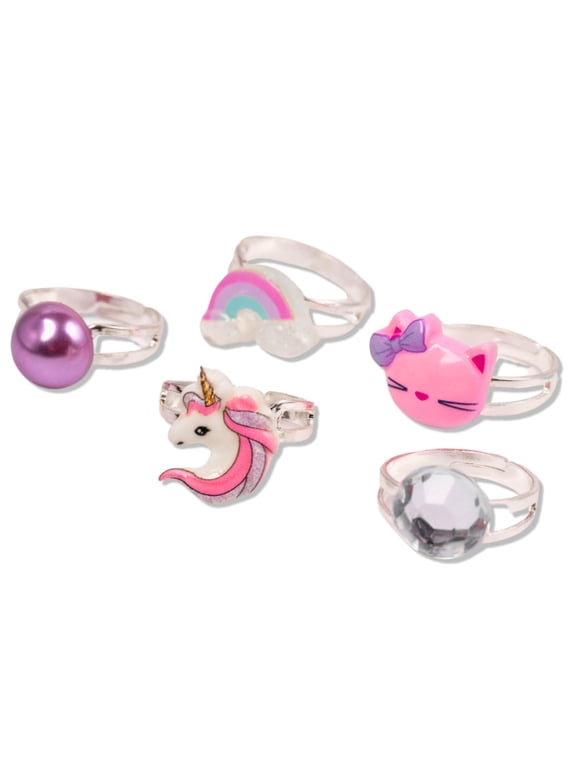 Dress Up Rings for Girls Kids Plastic Play Adjustable Rings for Little Girls and Special Occasions - Unicorn, Cat, Rainbow and Pearl - 5pk