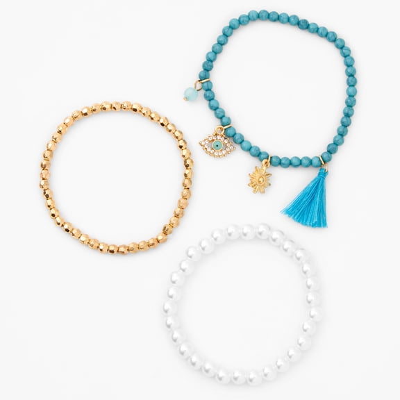 Claire's Evil Eye Tassel Pearl Beaded Stretch Bracelets - Blue, 3 Pack