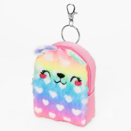 Claire's Faux Fur Rainbow Bear Mini Backpack Keychain with Hearts, Zipper Closure
