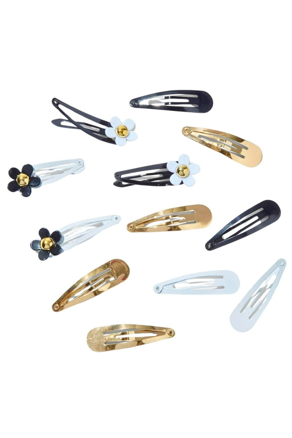 Floral Snap Hair Clips, Featuring Classic Black, White, and Shiny Gold Metallic Style, High Contrast Flower Design Make Ideal Hair Accessories for Fine Hair, 12-Pack