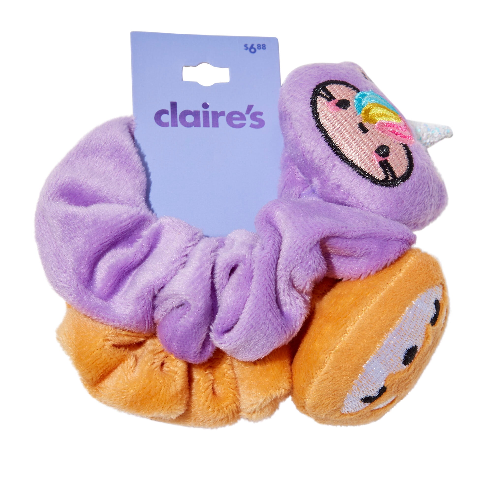 Claire s Brandclub Claire s Children s Plush Orange Dog and Purple Unicorn Scrunchie Hair Tie Set 2 Pack