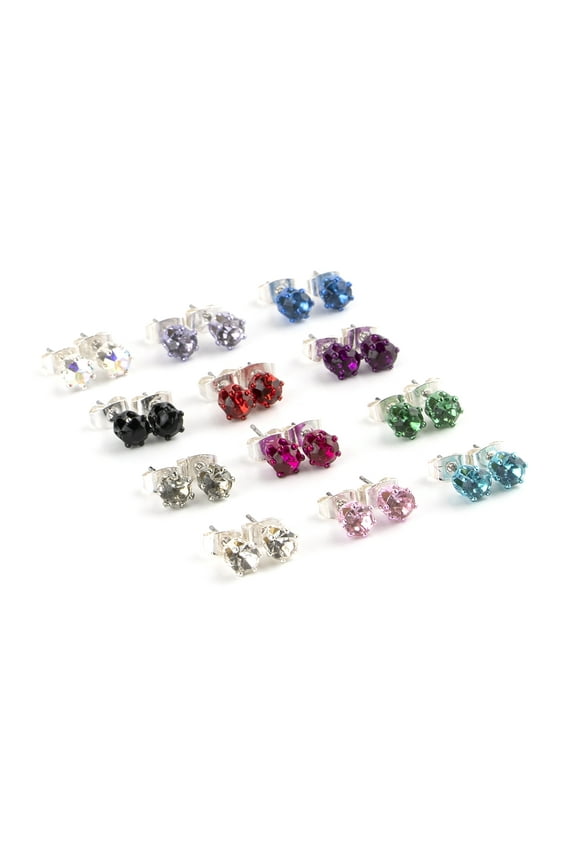 Girls 5mm Multicolor Crystal Stud Earrings Set, Post Back, 12 Pack, Children's